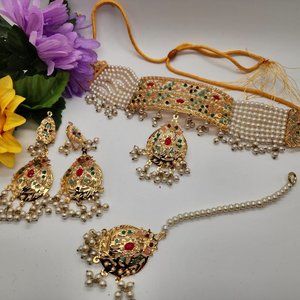 Gold Plated Gold Design Choker Set | Dangle Earrings, Teeka and Choker with Pear